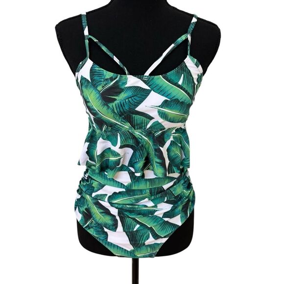 Adome Tropical Leaf Print Women's Tankini and High Waisted Bottoms - Picture 1 of 6